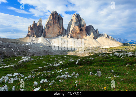 beeindruckende Gebirgsbildung "The Tre Cime di Lavaredo" ("Drei Zinnen" / große Peak 2999 m), Italien, Südtirol, Dolomiten Stockfoto