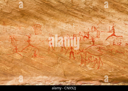 prähistorische Felszeichnungen im Awis Tal im Acacus Berge, Libyen, Sahara Stockfoto