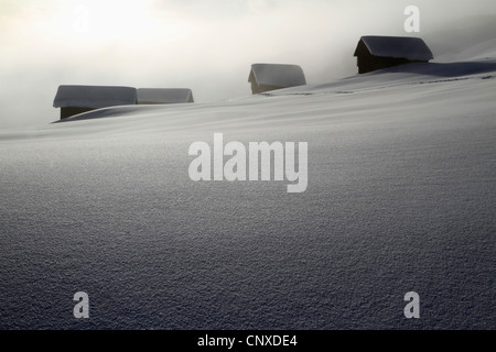 Vier Blockhütten am glatten Schneelandschaft Stockfoto