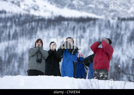 Europäische graue Wolf (Canis Lupus Lupus), Besucher der Polar Zoo von einem Tierpfleger erlernen, das Heulen eines Wolfes zu imitieren Norwegen, Landkreis Bardu, Salangstal Stockfoto