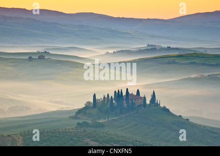 Cottage und Zypressen in hügeliger Landschaft, Italien, Tuscany Stockfoto