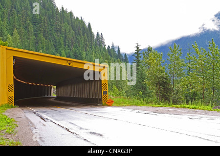 Schnee-Schuppen in British Columbia auf dem Trans Canada Highway Stockfoto