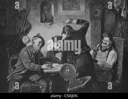 Schafkopf-Spieler in einem Dorfgasthof, historische Gravuren, 1883 Stockfoto