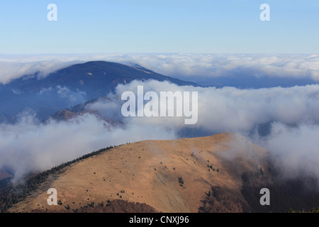 Blick vom Stoh in Zusammenhang mit Nebel in Mala Fatra Gebirge, Slowakei, Mala Fatra-Nationalpark Stockfoto