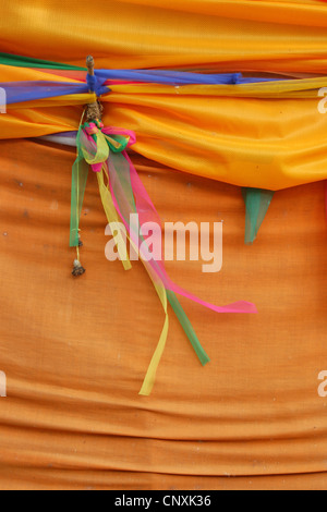 Heilige Bodhi-Baum gewickelt mit bunten Stoff und Bändern am Phra Pathom Chedi in Nakhon Pathom, Thailand. Stockfoto