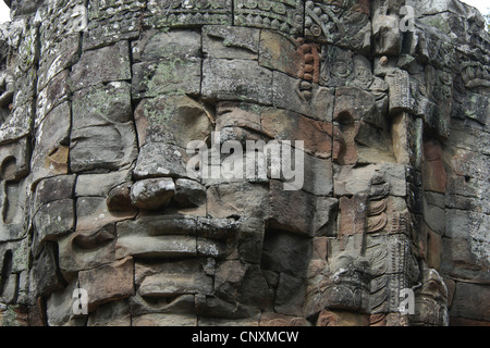 Stone Gesicht der Bodhisattva Lokesvara bei den westlichen Gopura Tempel Ta Prohm in Angkor, Kambodscha. Stockfoto