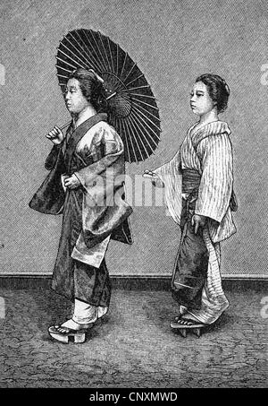 Japanische Frau leben, Frau mit einem Diener in der Straße, historische Gravuren, 1883 Stockfoto