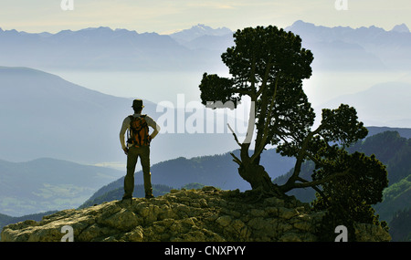 Berg-Wanderer stehend auf einem Gazebowatching das Panorama des Vercors Narure Park, Frankreich, Re, Rh Ne-Alpes Stockfoto