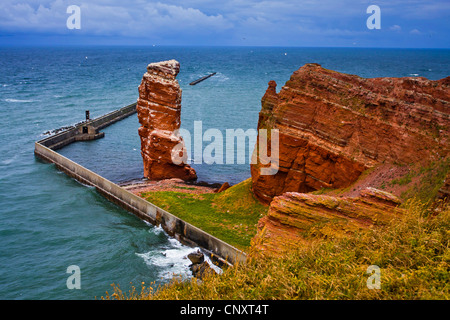 roten Felsen-Küste mit der Rock-Nadel "Lange Anna", Deutschland, Schleswig-Holstein, Helgoland Stockfoto