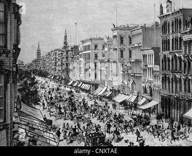 Broadway in 1888, New York, USA, historische Gravuren, 1888 Stockfoto