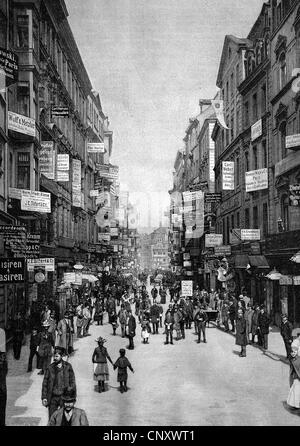 Verkehr auf Petersstrasse Straße, Leipzig, Sachsen, Deutschland, historische Holzstich ca. 1897 Stockfoto