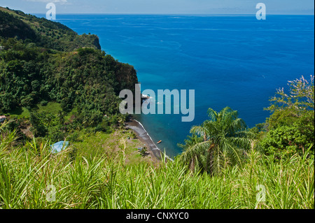 Blick in die Tiefe auf eine karibische sand Beach, Saint Vincent und die Grenadinen, L'Anse Mahaut Bay Stockfoto