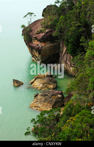 Blick auf das Meer eine steile Felsenküste von außerhalb ein tropischer Regenwald, Sarawak, Malaysia, Borneo, Bako Nationalpark Stockfoto