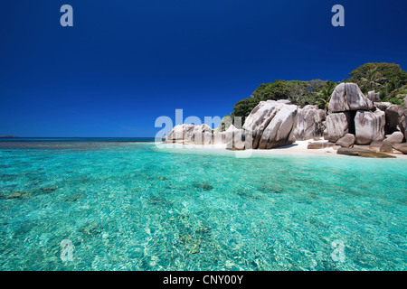 tropischer Strand mit weißem Sand, Granitfelsen und türkisfarbenes Wasser, Seychellen Stockfoto