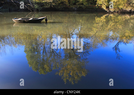 altes Boot auf Oxbow See am alten Rhein im Herbst, Deutschland Stockfoto