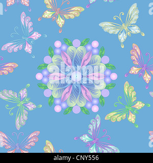 eleganter Blütenspitze weißen Spitzen Musterdesign mit bunten Schmetterlingen Stockfoto