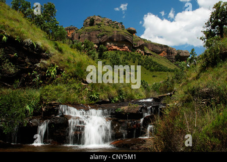 Wasserfall vor Wiese und Rock Landschaft in die Drakensberge, Südafrika, Kwa Zulu Natal, Royal Natal Nationalpark Stockfoto