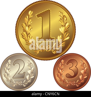 Gold-, Silber- und Bronze-Medaille für Gewinn des Wettbewerbs mit dem Bild von einem Lorbeerkranz und die erste, zweiter, Dritter Platz Stockfoto