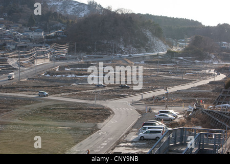 Zerstörungen durch das Erdbeben und Tsunami vom 11. März 2001 in Onagawa, Tohoku, Japan Stockfoto