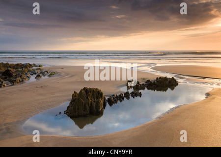 Felsenpools am Combesgate Sandstrand bei Ebbe, Woolacombe, Devon, England. Sommer (Juni) 2010. Stockfoto