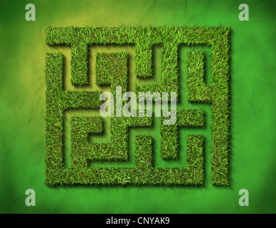 grünen Rasen-Labyrinth, auf grünem Hintergrund. Clipping-Pfad ist im Preis inbegriffen. Stockfoto