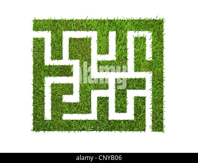 grünen Rasen-Labyrinth, auf grünem Hintergrund. isoliert auf weiss und Clipping-Pfad enthalten ist. Stockfoto