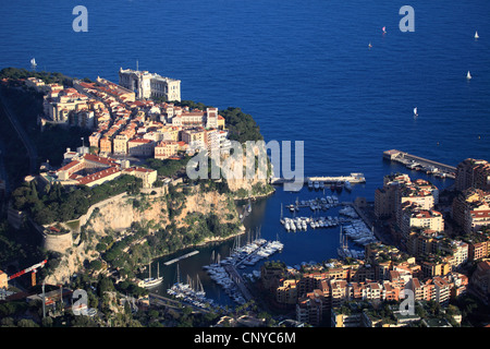 Draufsicht auf das Fürstentum Monaco und der Palast bis Le Rocher Stockfoto