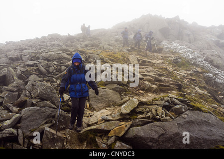 Abstieg vom Gipfel von Elidir Fawr im niedrigen Wolken in Berge von Snowdonia National Park North Wales UK Wanderer Stockfoto