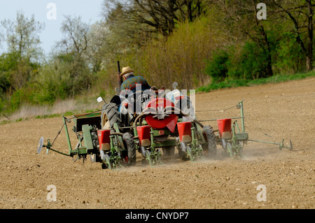 Landwirt auf einem Trecker Pflügen seine Acre, Österreich Stockfoto