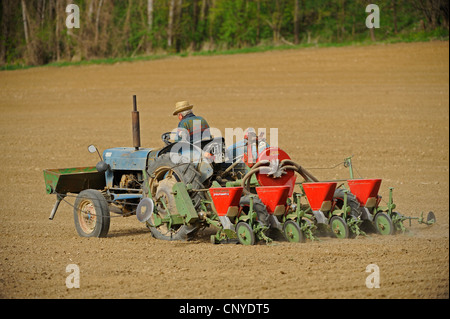 Landwirt auf einem Trecker Pflügen seine Acre, Österreich Stockfoto