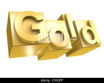 Das Wort GOLD im goldenen 3D Buchstaben auf weißem Hintergrund - Das Wort GOLD aus 3D Buchstaben gesetzt Stockfoto