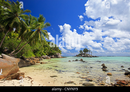 felsige Küste Landschaft der Seychellen, Seychellen Stockfoto