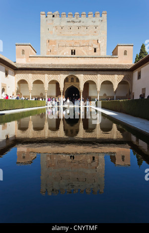 Palast von Alhambra, Granada, Andalusien, Spanien. Patio de Los Mapuches oder Gericht der Myrten. Stockfoto