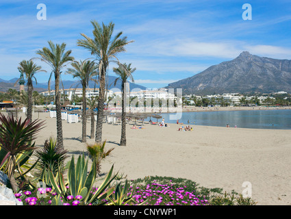 Puerto Banus, Marbella, Costa Del Sol, Andalusien, Spanien. Blick auf den Strand La Concha Berg im Hintergrund. Stockfoto