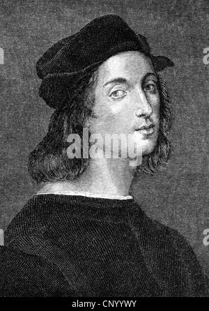 Raphael, 28.3. / 6.4.1483 - 6.4.1520, italienischer Maler, Architekt, Porträt, Holzgravur, 19. Jahrhundert, Stockfoto