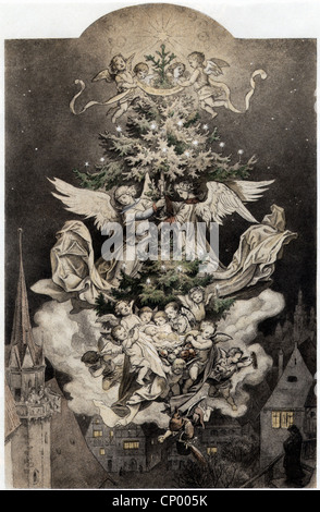 Weihnachtsbaum mit Engeln, Zeichnung von Ludwig Richter (1803 - 1884), Engel, Tannenbaum, Wolke, Heiligabend, Deutschland, Stern, 19. Jahrhundert, historisch, Allegorie, Zusatz-Rechteklärung-nicht vorhanden Stockfoto