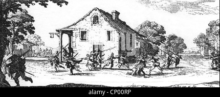 Ereignisse, Dreißigjähriger Krieg 1618 - 1648, Gräueltaten, Plünderung einer Taverne, Radierung, 'das Elend und Unglück des Krieges' von Jacques Callot, 1633, zusätzliche-Rechte-Clearences-nicht vorhanden Stockfoto