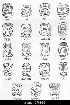 Schreiben, Schrift, Südamerika, Maya, Monatszeichen der Maya, (nach J.E. Thompson/Civilization of the Mayas, 1927), Charakter, Zeichen, Zeichen, Zeichen, Piktographie, Tonalamatl, Alamatl, Piktogramm, Piktogramm, Piktogramme, Piktogramme, Piktogramme, Hieroglyphen, Hieroglyphen, Hieroglyphen, Maya, Maya-Kultur, Südamerika, Monat, Monate, Kalender, historisch, 1920er Jahre, 20. Jahrhundert, nicht-zusätzliche-Rechte verfügbar Stockfoto