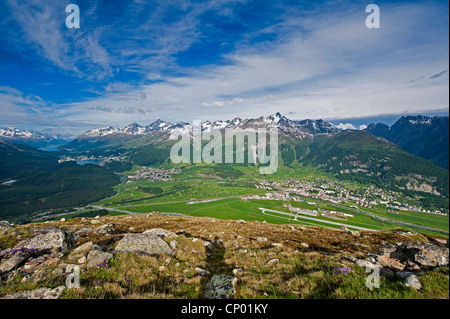 Ansichten von Celerina und St. Moritz von einem oberen Muottas Muragl, Schweiz, Graubünden, St. Moritz Stockfoto