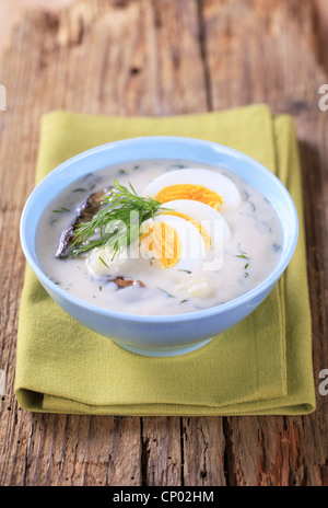 Sauerrahm-Dill-Suppe mit Pilzen und gekochtes Ei Stockfoto