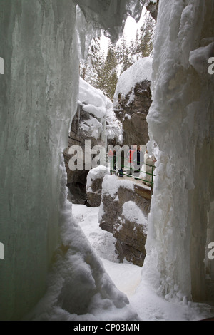 Besucher auf dem Pass mit einem Geländer entlang einer Wand einer Snovbound malerische Schlucht, Österreich, Vorarlberg, Kleinwalsertal Stockfoto