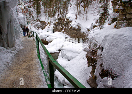 Besucher auf dem Pass mit einem Geländer entlang einer Wand einer Snovbound malerische Schlucht, Österreich, Vorarlberg, Kleinwalsertal Stockfoto