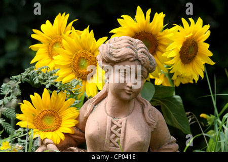 gewöhnliche Sonnenblume (Helianthus Annuus), Garten Figur mit Sonnenblumen, Deutschland Stockfoto