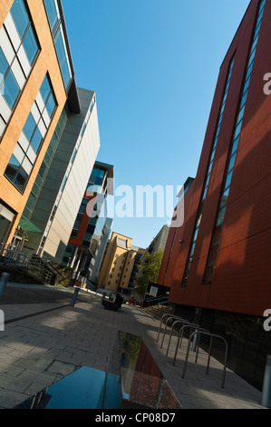 Eine typische moderne britische entwickelte neu Bürohäuser an einem sonnigen blauen Himmel Tag in einem dynamischen Winkel gedreht. Stockfoto