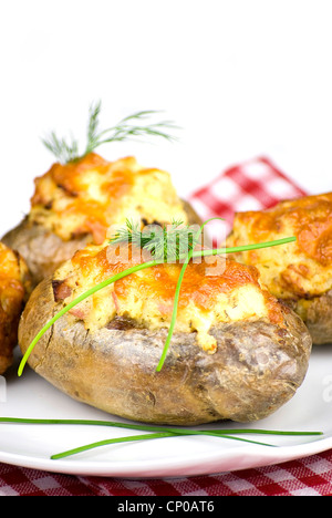 gefüllte Kartoffeln mit Cheddar-Käse bedeckt dekoriert mit Schnittlauch und Dill lässt in einem weißen Teller Stockfoto