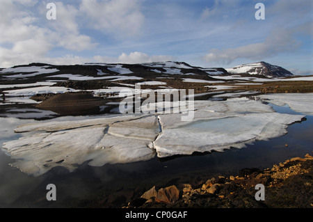 Noch teilweise gefroren Schmelzwasser Pool und den Berg Bjolfur im Bereich von Fjardarheidi in der Nähe von Seydisfjordur, Ost-Island Stockfoto