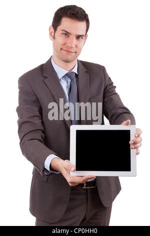 Junge Cuacasian Geschäftsmann mit einem TabletPC, isoliert auf weißem Hintergrund Stockfoto