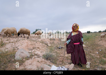 Rund um Sidi Bouzid sind viele kleine Dörfer und viel Ackerland und Wiesen, wo der Hirte Juma ihre Schafe nimmt. Stockfoto