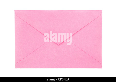 Eine neue, leere, offene rosa Umschlag isoliert auf weiss für Benutzerfreundlichkeit. Stockfoto
