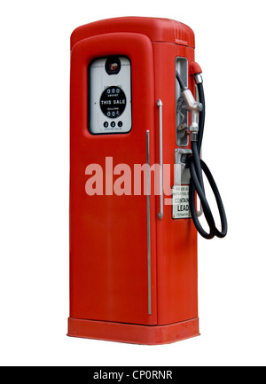 Isolierung von alten roten Benzin-Zapfsäule mit 25c Gas auf Zifferblättern Stockfoto